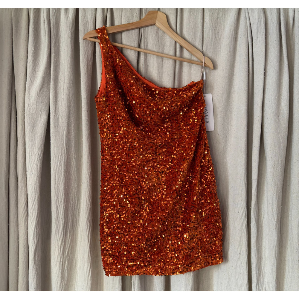 Orange Velvet Sequins One-shoulder Short/Mini Tight Backless‎ Homecoming Dresses